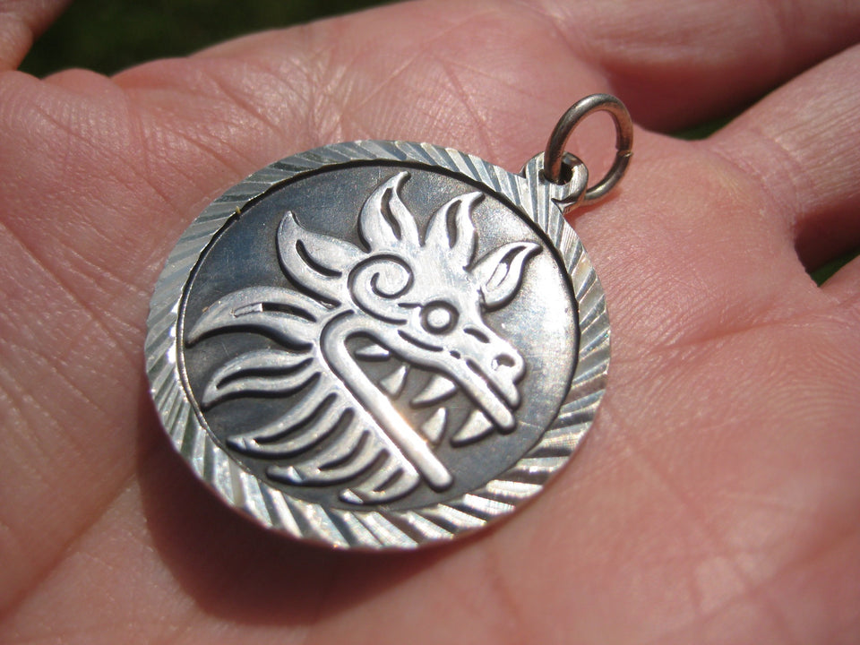 950 Silver Taxco Mexico quetzalcoatl Aztec Pendant A3365