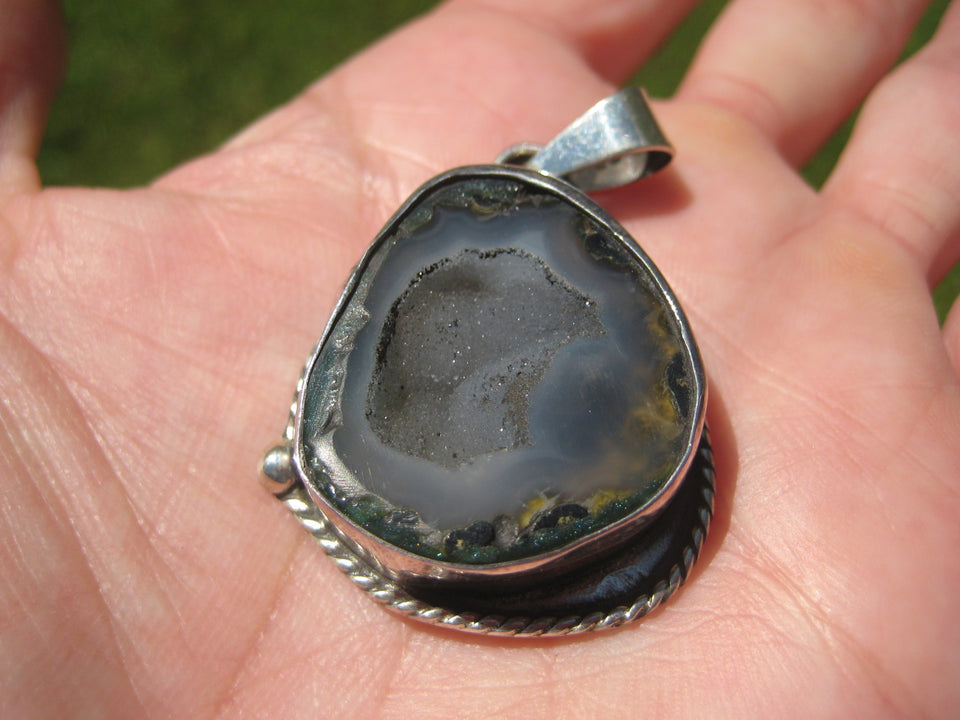 925 Silver Agate Geode Druzy Pendant Taxco Mexico A7455