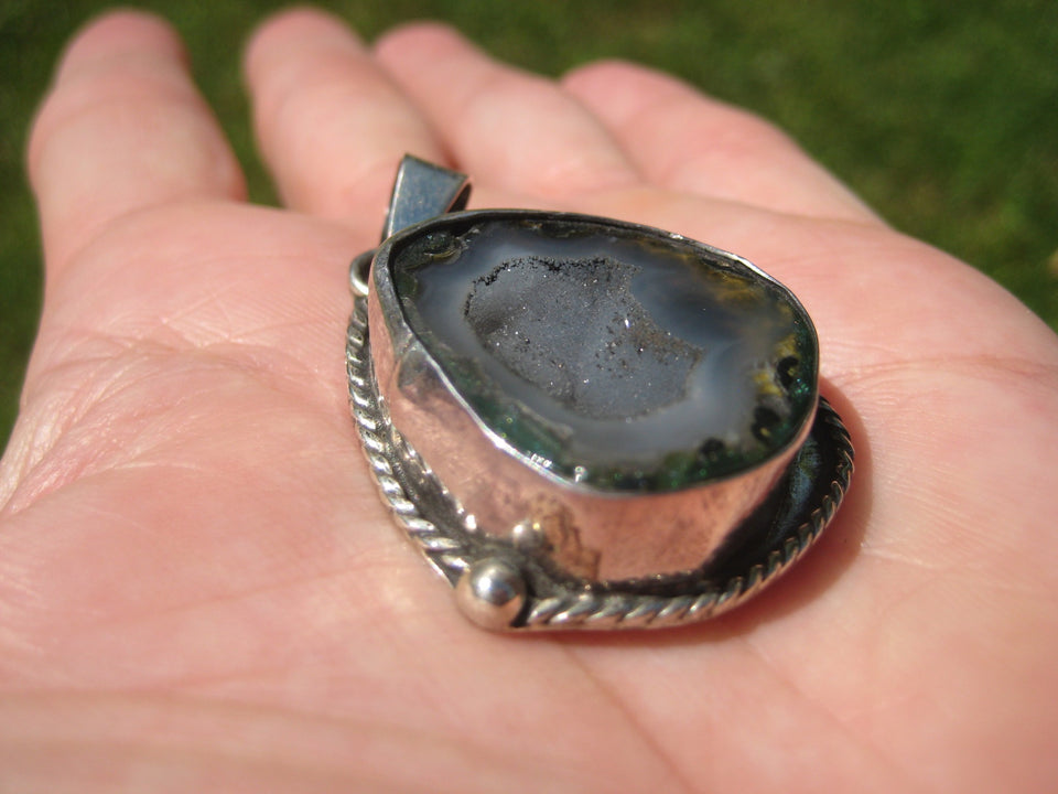 925 Silver Agate Geode Druzy Pendant Taxco Mexico A7455