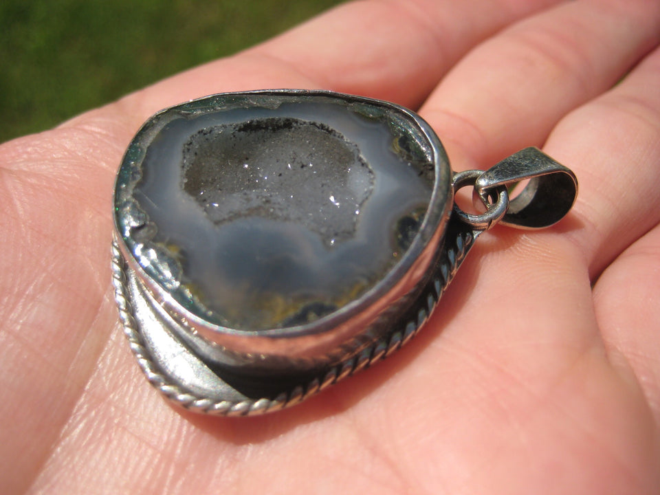 925 Silver Agate Geode Druzy Pendant Taxco Mexico A7455