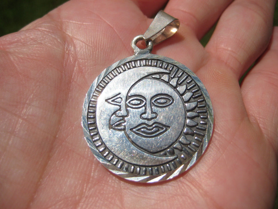950 Silver Star Moon Mayan Pendant Taxco Mexico A67322