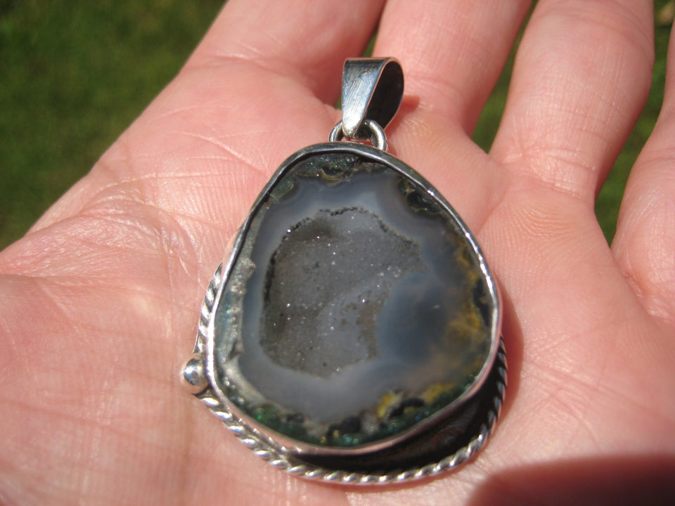 925 Silver Agate Geode Druzy Pendant Taxco Mexico A7455