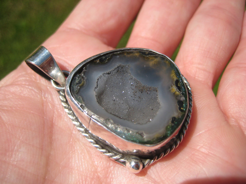 925 Silver Agate Geode Druzy Pendant Taxco Mexico A7455