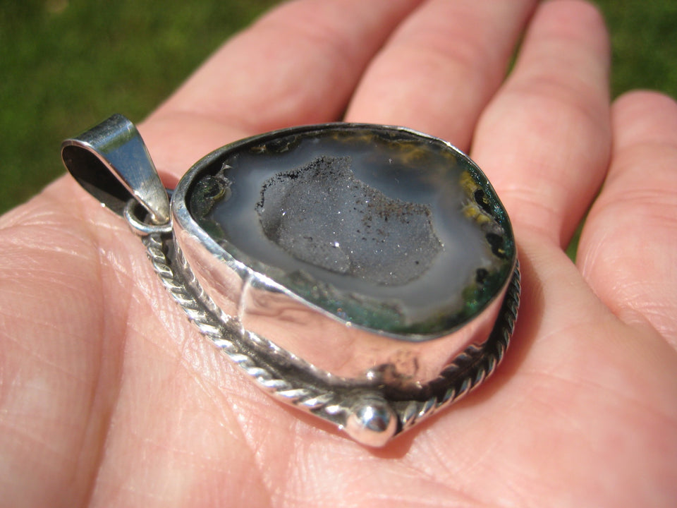 925 Silver Agate Geode Druzy Pendant Taxco Mexico A7455