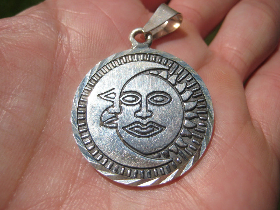 950 Silver Star Moon Mayan Pendant Taxco Mexico A67322