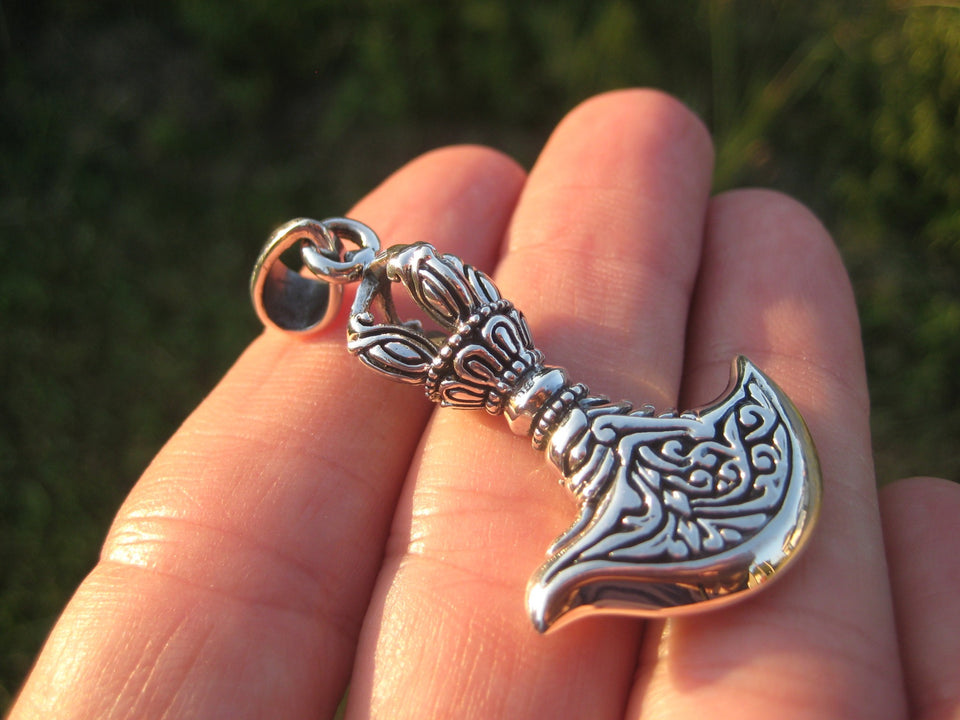 Large 925 Silver Kartika Vajra Dorje Axe Knife Pendant Necklace A7255