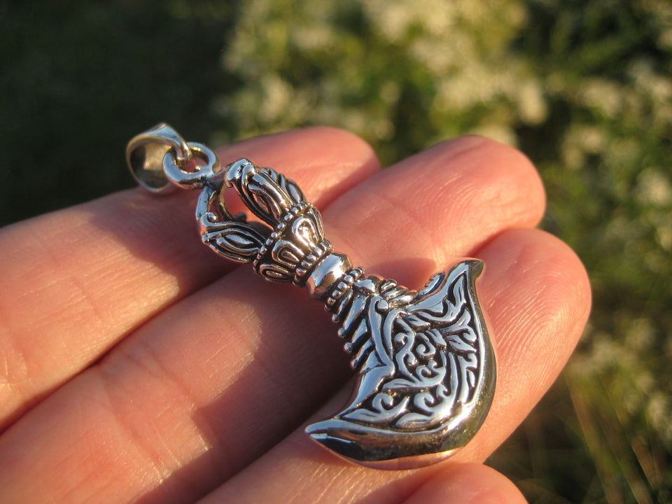 Large 925 Silver Kartika Vajra Dorje Axe Knife Pendant Necklace A7255