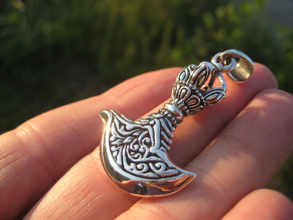Large 925 Silver Kartika Vajra Dorje Axe Knife Pendant Necklace A7255