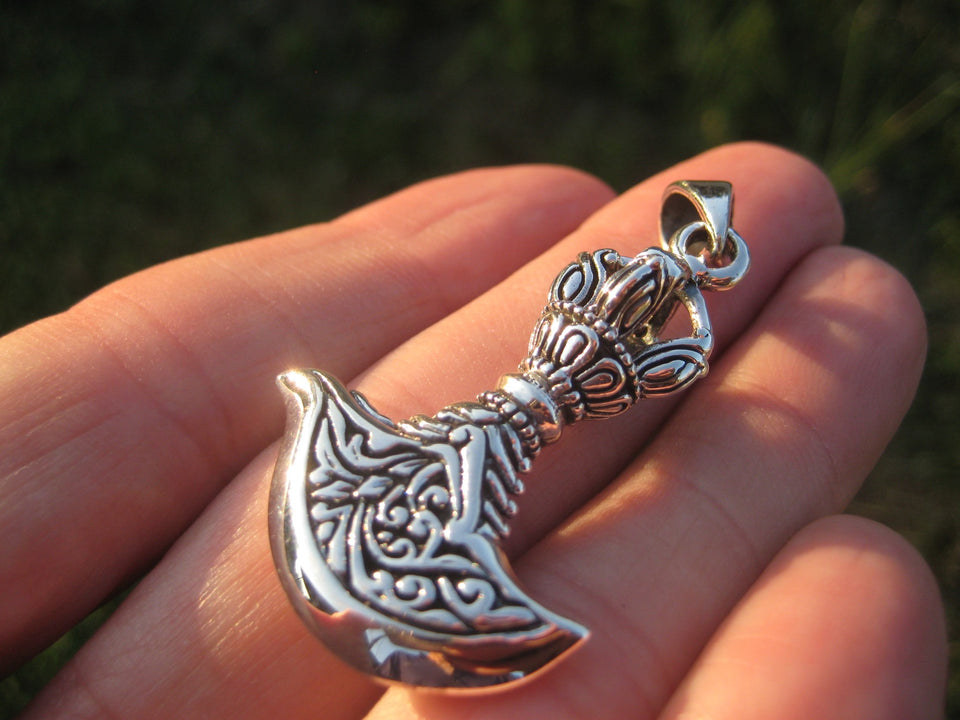 Large 925 Silver Kartika Vajra Dorje Axe Knife Pendant Necklace A7255