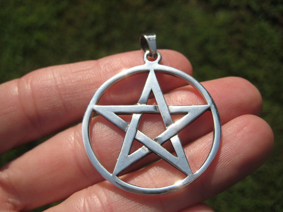 925 sterling silver Extra large wicca pentagram pendant necklace A17