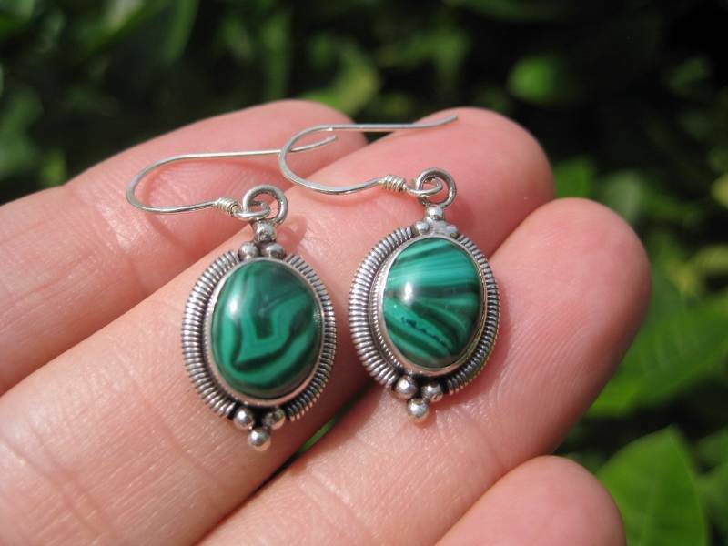 925 Silver Malachite pair Earrings Earring jewelry Nepal himalayan art N3766