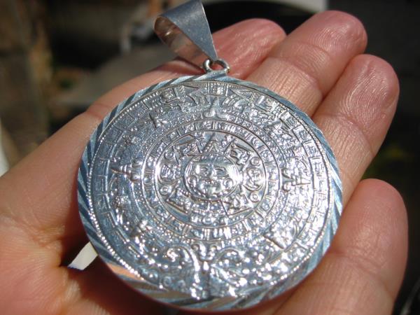 Large 950 Silver Pendant Mayan Calendar Pendant Necklace, Taxco, Mexico A5893
