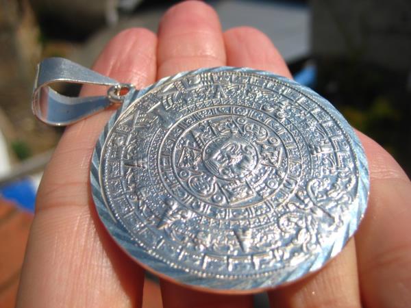 Large 950 Silver Pendant Mayan Calendar Pendant Necklace, Taxco, Mexico A5893