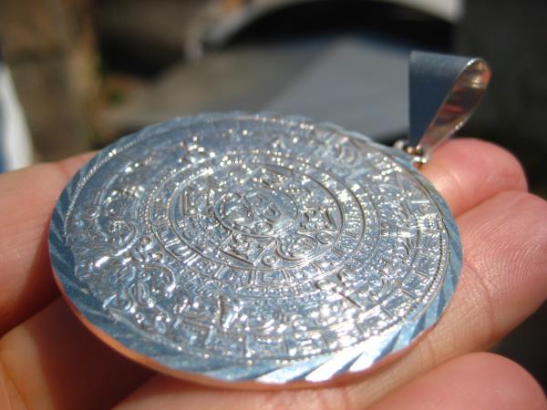 Large 950 Silver Pendant Mayan Calendar Pendant Necklace, Taxco, Mexico A5893