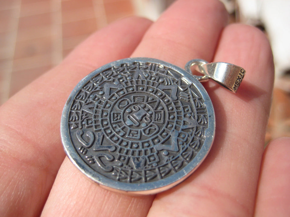 925 Silver Mayan Calendar Pyramid Pendant Taxco Mexico A2279