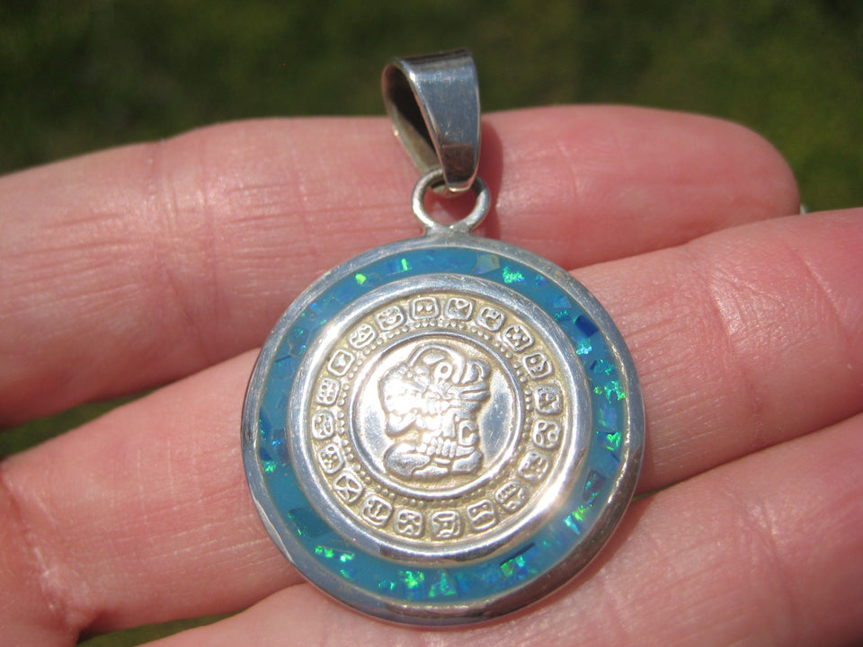 925 Silver Mayan Calendar Synthetic Opal Pendant Taxco Mexico A2849