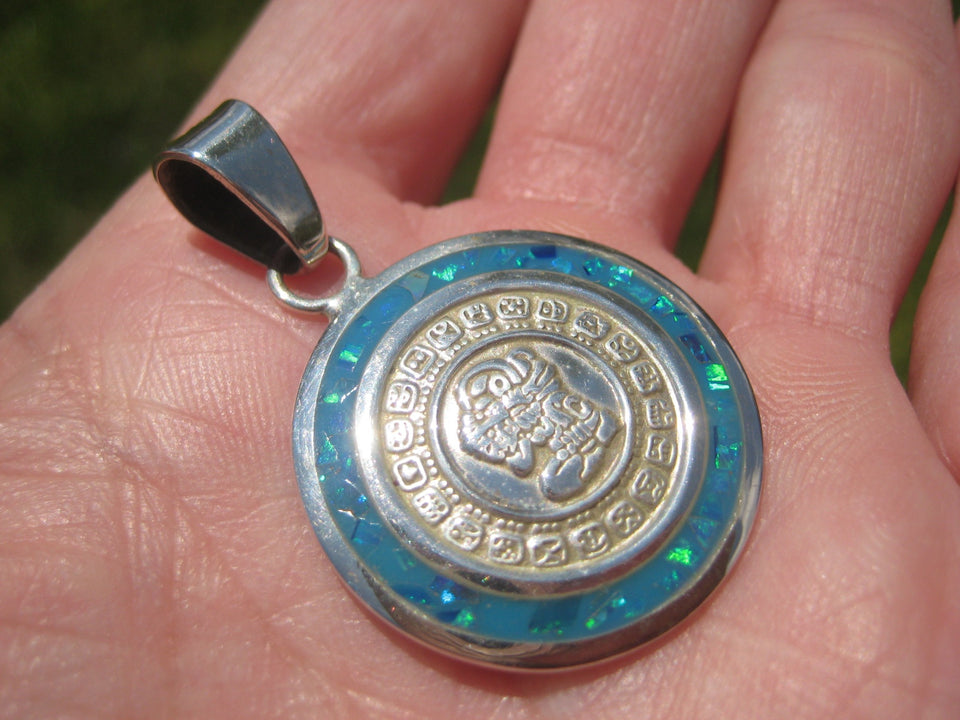 925 Silver Mayan Calendar Synthetic Opal Pendant Taxco Mexico A2849