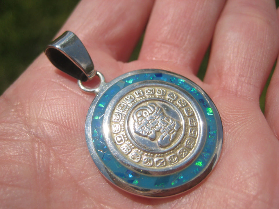 925 Silver Mayan Calendar Synthetic Opal Pendant Taxco Mexico A2849