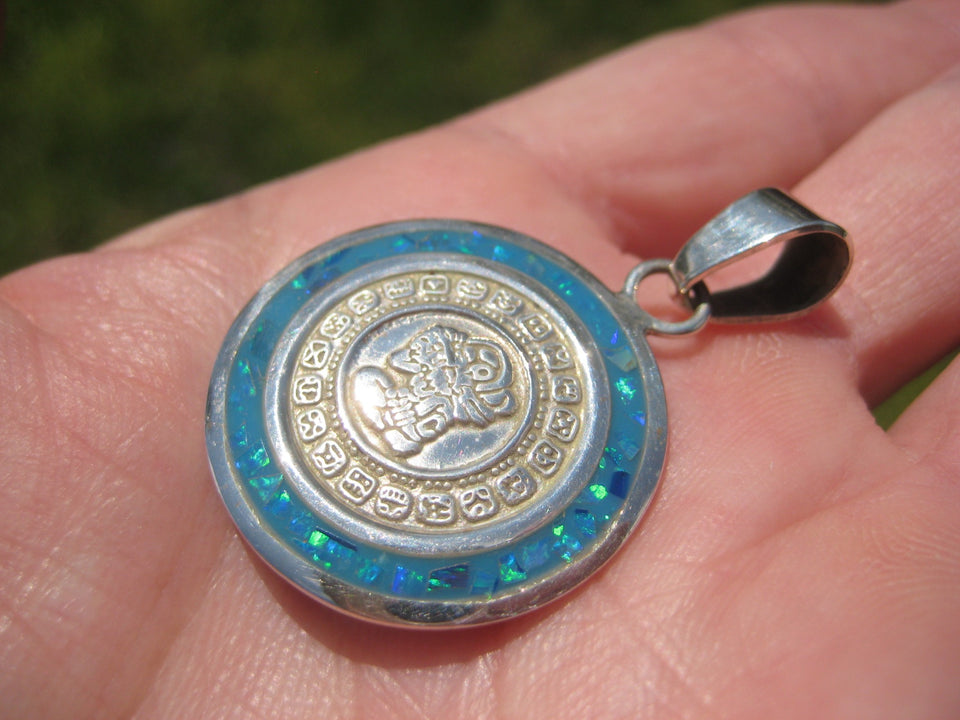925 Silver Mayan Calendar Synthetic Opal Pendant Taxco Mexico A2849