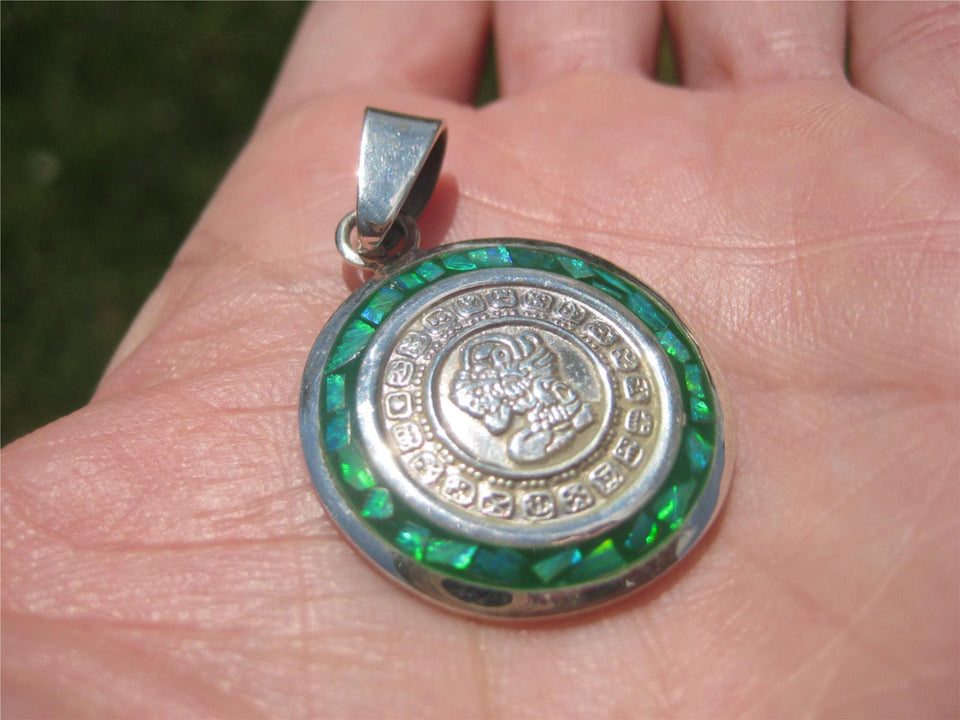 925 Silver Mayan Calendar Synthetic Opal Pendant Taxco Mexico A2857