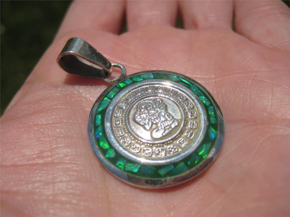 925 Silver Mayan Calendar Synthetic Opal Pendant Taxco Mexico A2857