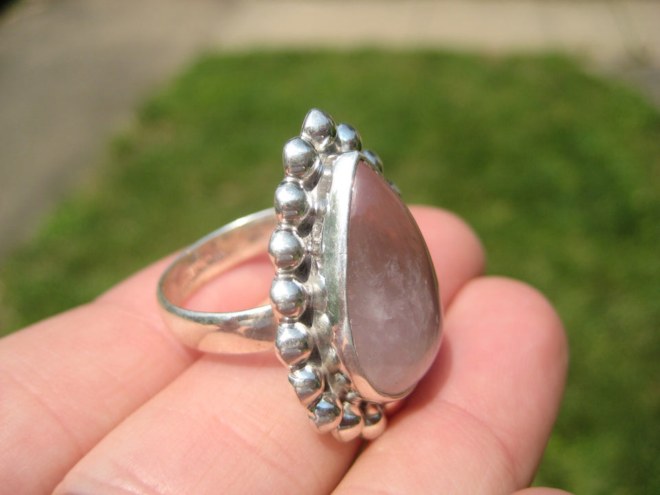 925 Silver Rose Quartz Ring Taxco Mexico Size 7 US Adjustable A3885