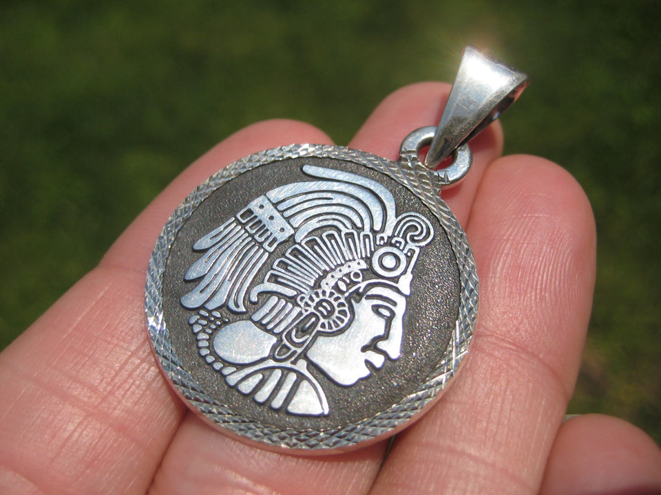 925 Silver Mayan God Pendant Necklace Taxco Mexico A33644