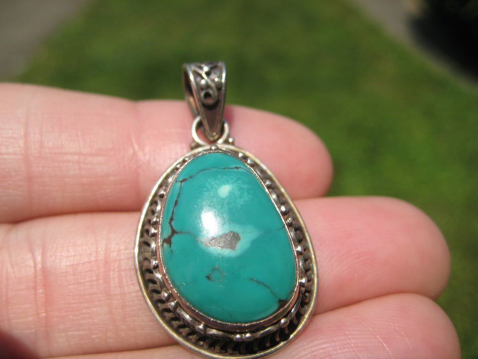 925 Silver Tibetan Turquoise Pendant Nepal Jewelry Art A4877