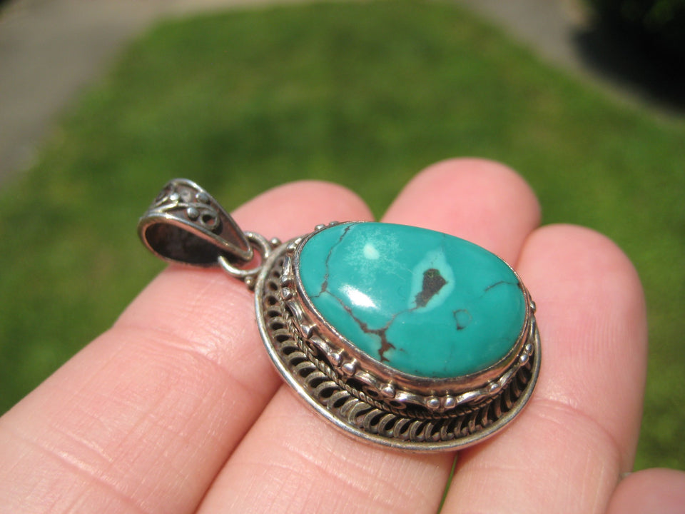 925 Silver Tibetan Turquoise Pendant Nepal Jewelry Art A4877