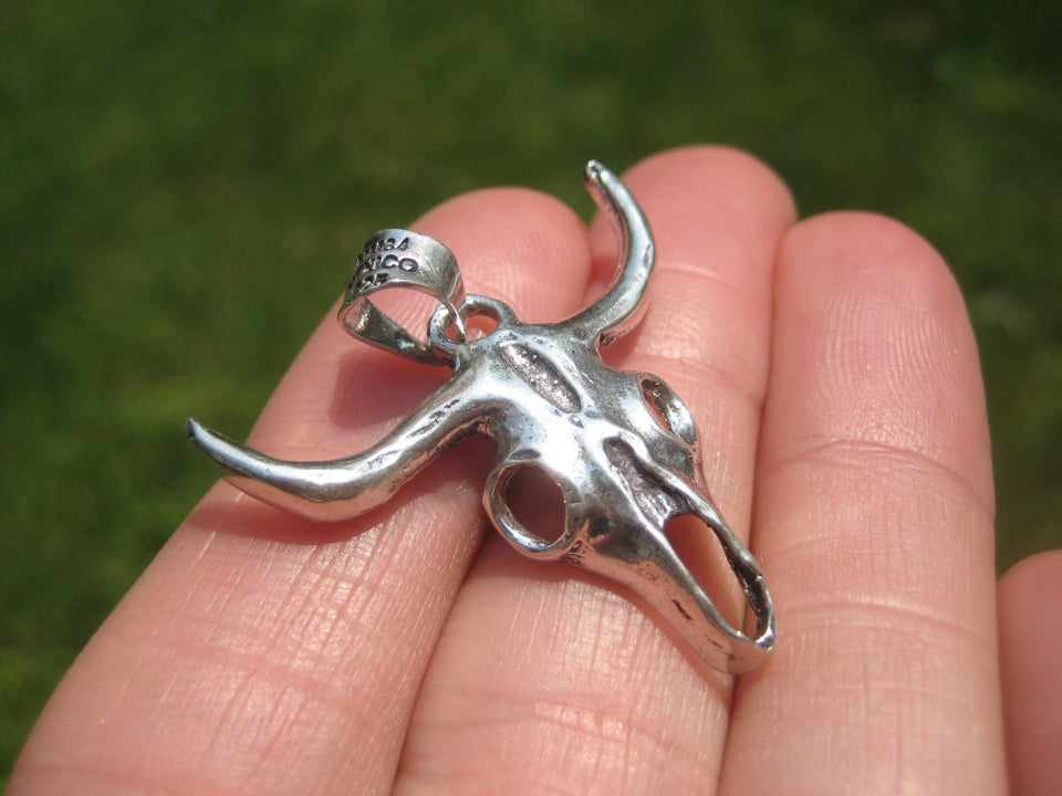 925 Silver Bull Steer Skull Pendant Taxco Mexico A6388