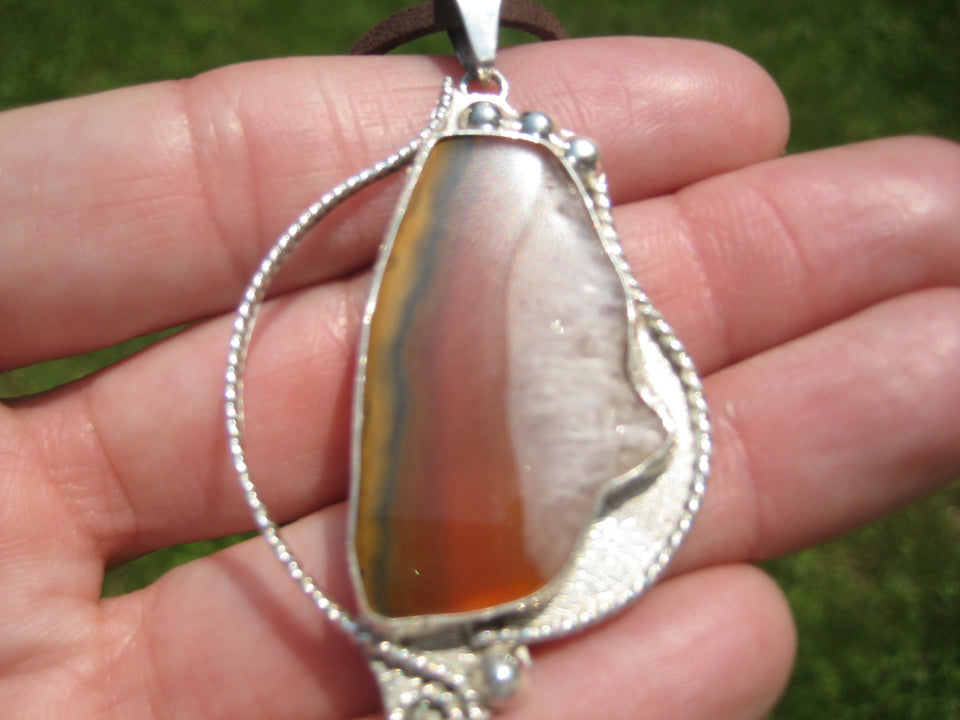 925 Silver Agate Stone Pendant Necklace Taxco Mexico A82677