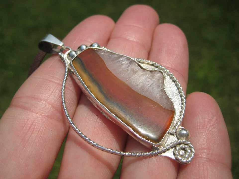 925 Silver Agate Stone Pendant Necklace Taxco Mexico A82677