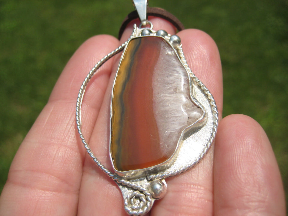 925 Silver Agate Stone Pendant Necklace Taxco Mexico A82677