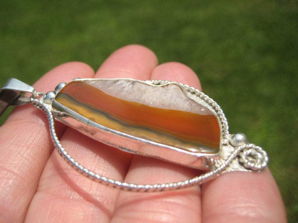 925 Silver Agate Stone Pendant Necklace Taxco Mexico A82677