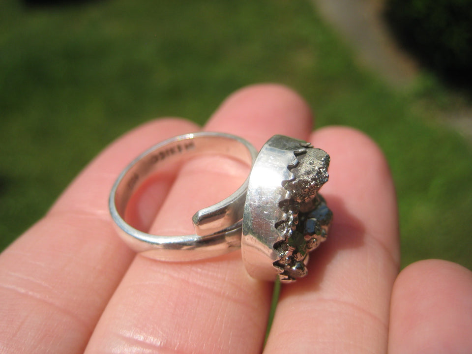 925 Silver Pyrite Stone Crystal Ring Taxco Mexico Size 6 US Adjustable A2322