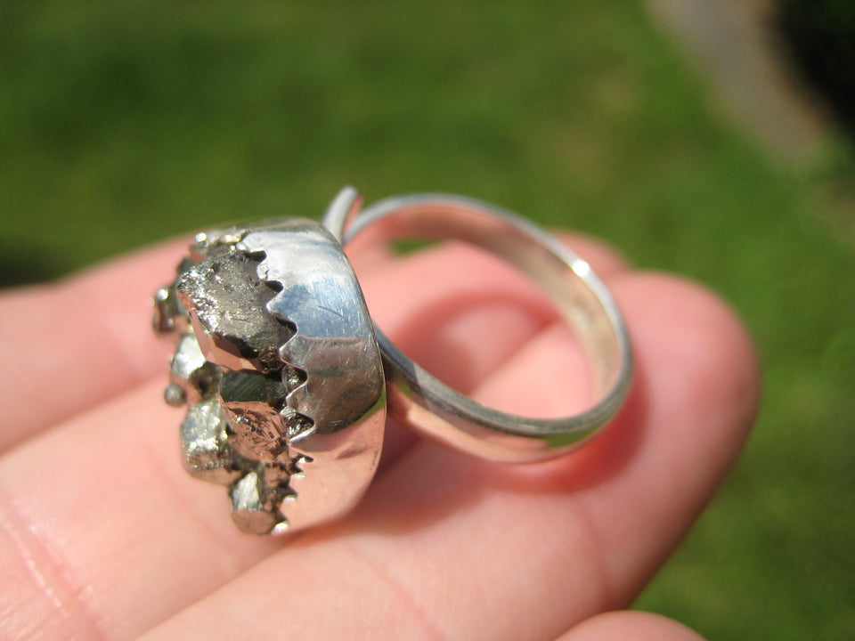 925 Silver Pyrite Stone Crystal Ring Taxco Mexico Size 6 US Adjustable A2322