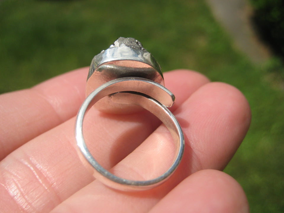 925 Silver Pyrite Stone Crystal Ring Taxco Mexico Size 6 US Adjustable A2322