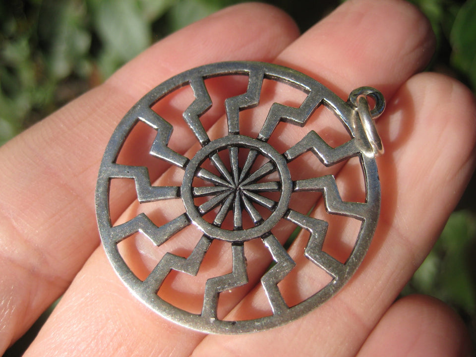 925 Silver Black Sun Wheel Sonnenrad Viking Germanic Pendant Necklace A312