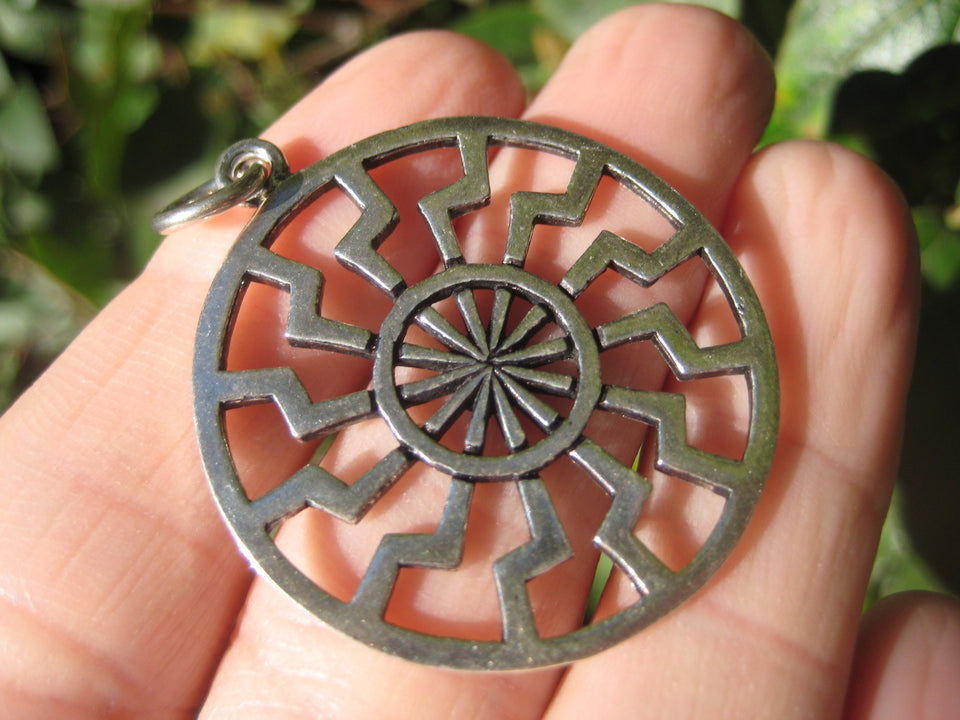925 Silver Black Sun Wheel Sonnenrad Viking Germanic Pendant Necklace A312
