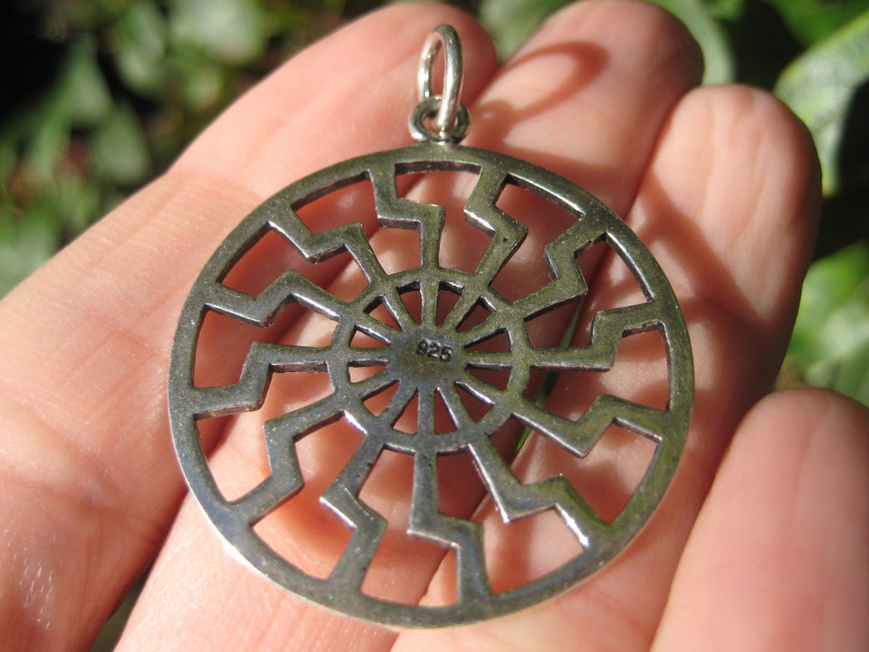 925 Silver Black Sun Wheel Sonnenrad Viking Germanic Pendant Necklace A312