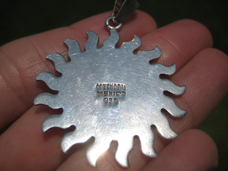 950 Silver Mayan Aztec Calendar Sun Pendant Necklace Taxco Mexico A2744
