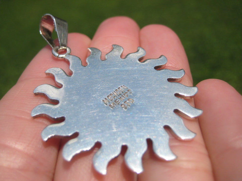 950 Silver Mayan Aztec Calendar Sun Pendant Necklace Taxco Mexico A2744