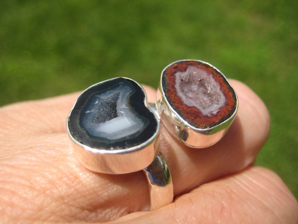 925 Silver Agate Stone Geode Druzi Ring Taxco Mexico A28655