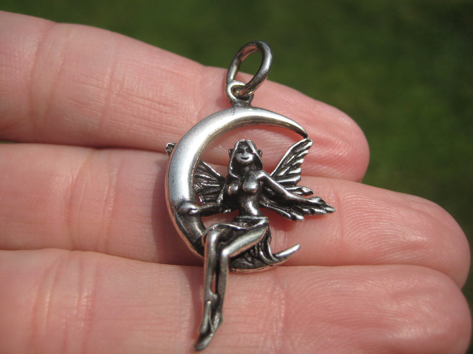 925 Silver Fairy On Moon Pendant Necklace Thailand Jewelry Art A432