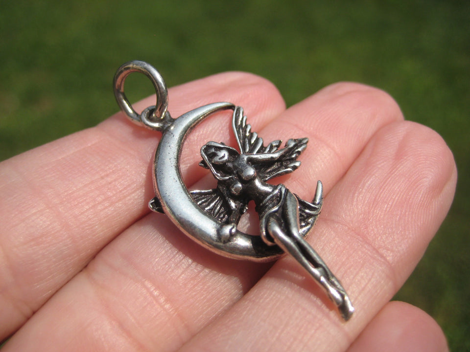 925 Silver Fairy On Moon Pendant Necklace Thailand Jewelry Art A432