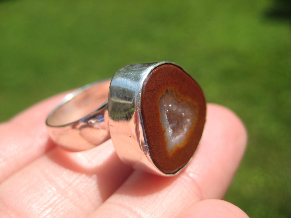 925 Silver Agate Geode Druzi Stone Ring Taxco Mexico Size 7 Adjustable A3576