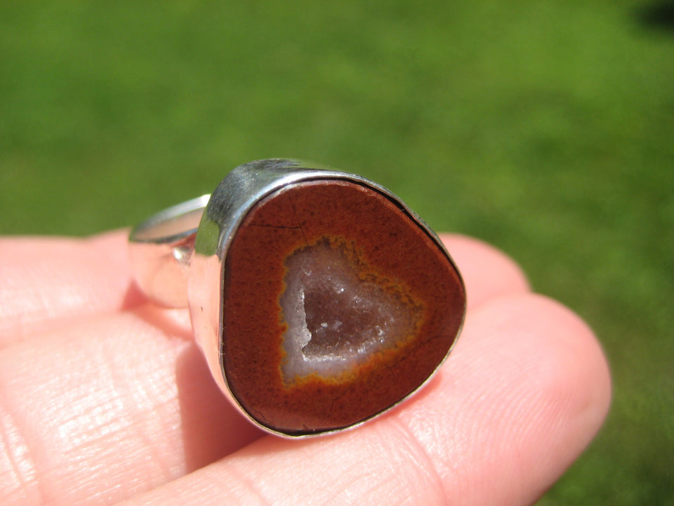 925 Silver Agate Geode Druzi Stone Ring Taxco Mexico Size 7 Adjustable A3576
