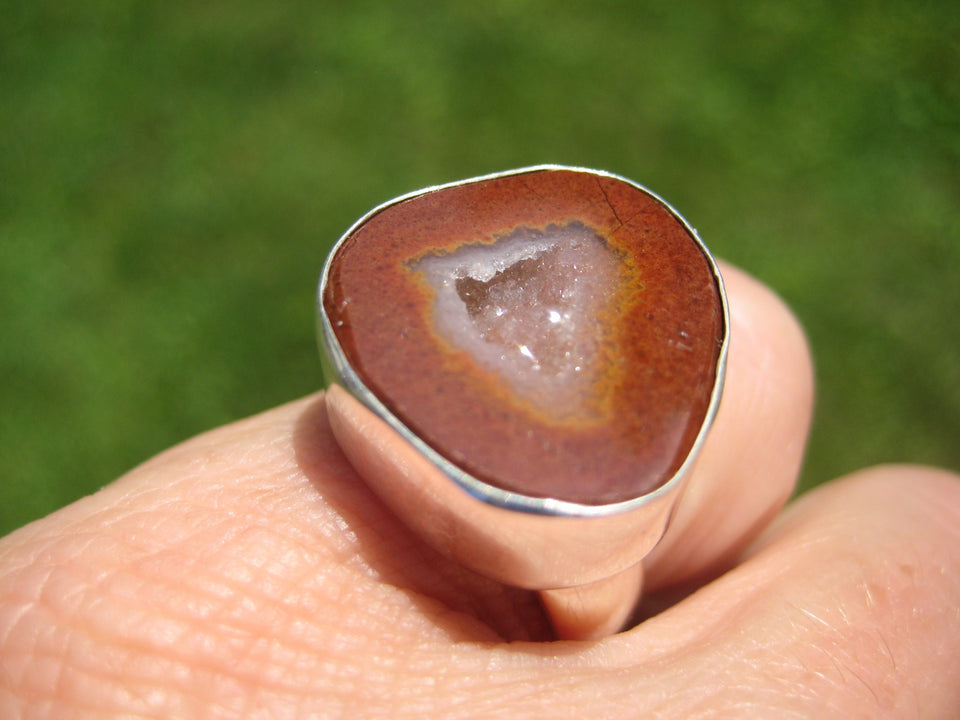 925 Silver Agate Geode Druzi Stone Ring Taxco Mexico Size 7 Adjustable A3576