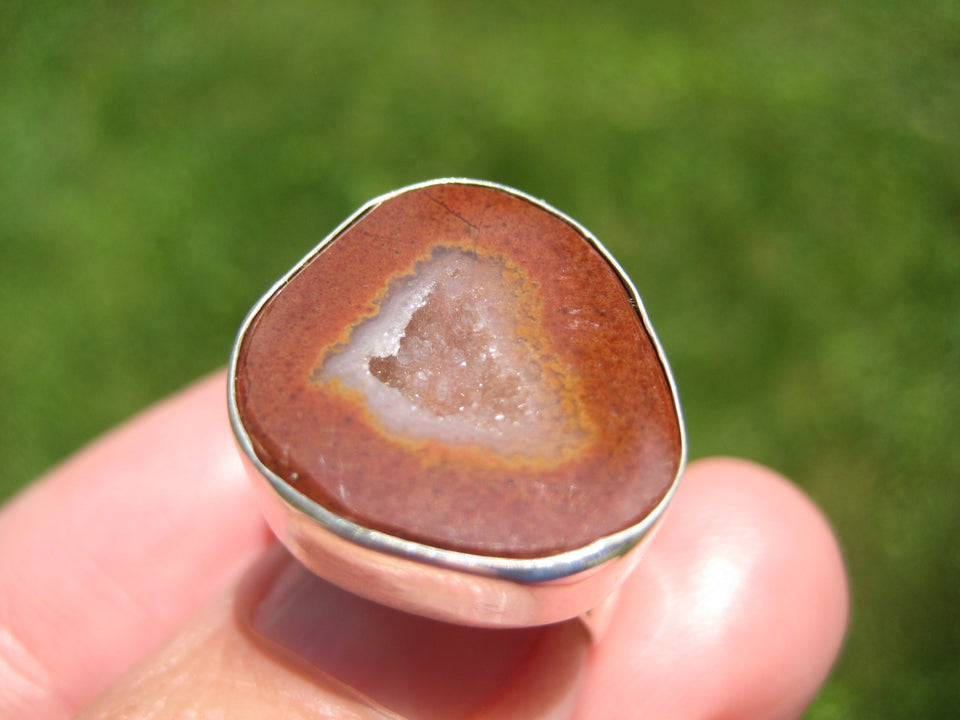 925 Silver Agate Geode Druzi Stone Ring Taxco Mexico Size 7 Adjustable A3576