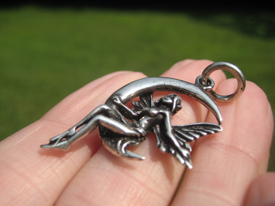 925 Silver Fairy On Moon Pendant Necklace Thailand Jewelry Art A432
